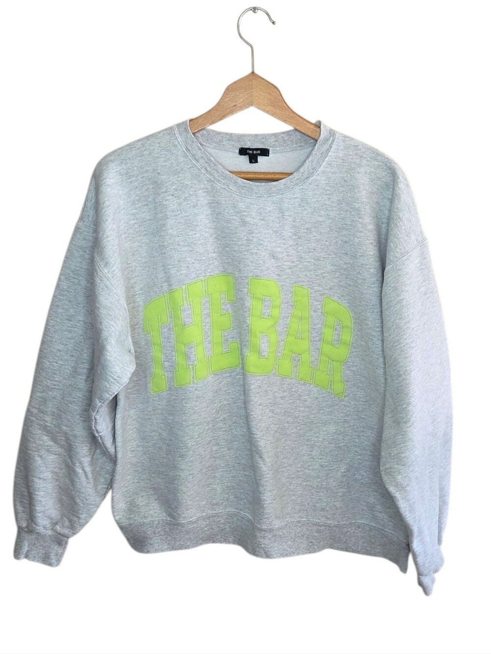 The Bar Varsity Gray Crewneck Sweatshirt Bright Lime Yellow Lettering Size Large